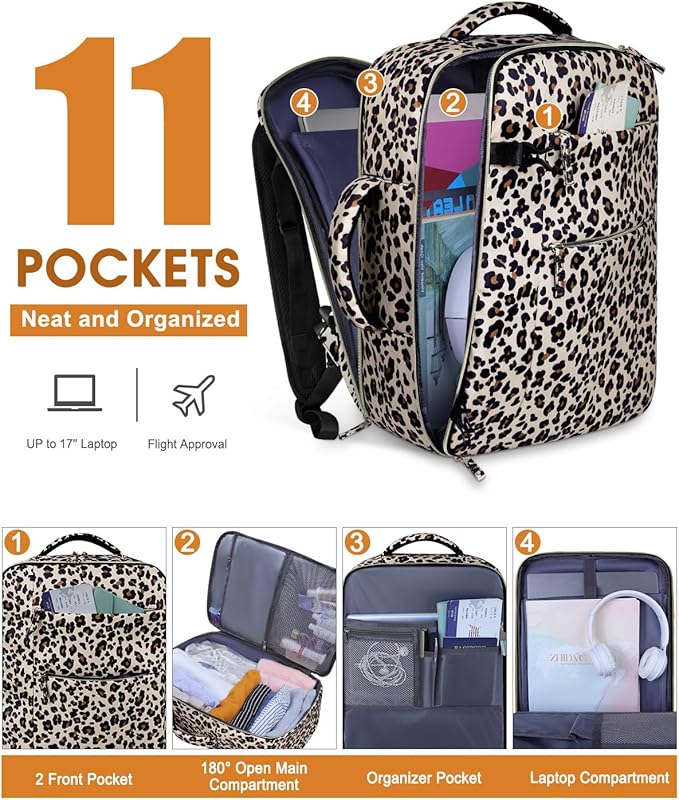 Capolo Travel Backpack for Women Men Waterproof Laptop Backpack Airlines Approved Carry On Backpack Bag Computer Bookbag for Business, Work, Traveling Fits 17 Inch Laptop(Leopard)