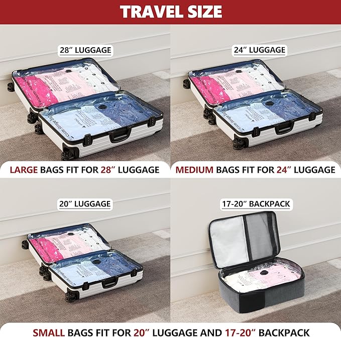 Vacuum Bags for Travel with Rechargeable Pump, 15 Combo (5L/5M/5S) Compression Packing Seal Bags for Luggage Suitcase, Space Saver for Clothing and Clothes Storage Travel