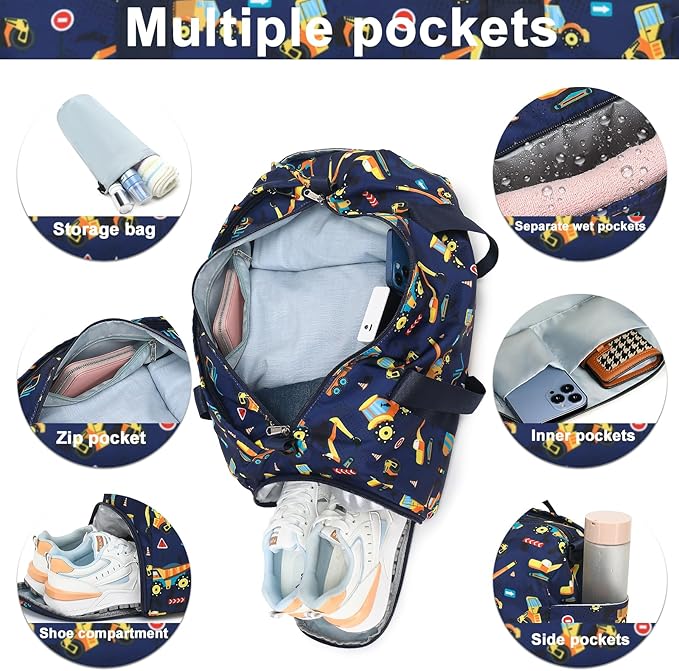 BTOOP Kids Overnight Bag for Boys Small Truck Sports Gym Duffle Bags With Shoe Compartment Toddler Weekender Sleepover Tote for Travel