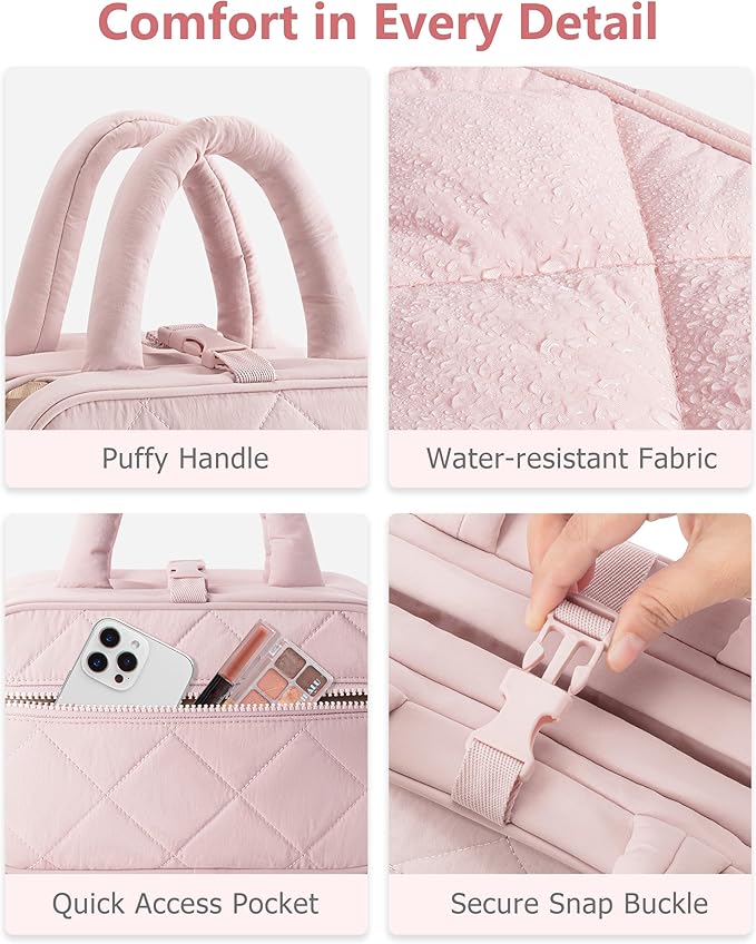 Travel Toiletry Bag for Women with Hanging Hook, Puffy Makeup Organizer with Brushes Slots for Bathroom, Shower and Beauty Essentials, Pink