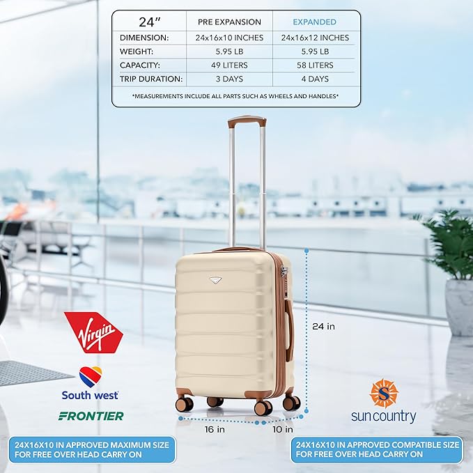 Flight Knight 24x16x10 Expandable Carry On Suitcase Hardside TSA Lock USB C Lightweight Luggage Silent Double Spinner Wheels Maximum Overhead Carry-On Bag For Virgin South West Approved Cream/Tan