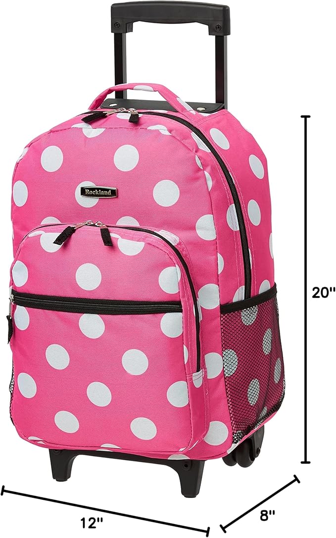 Rockland Double Handle Rolling Backpack, Pink Dots, 17"