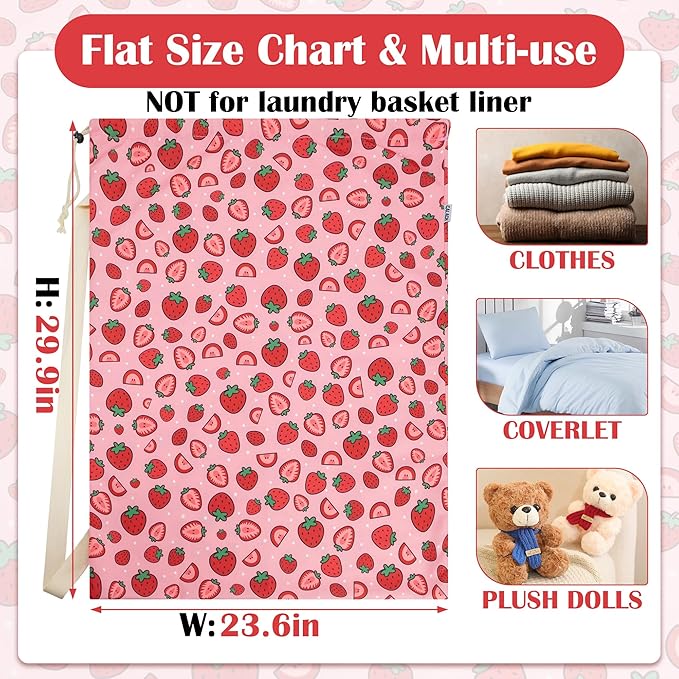 Canvas Laundry Bag with shoulder Strap 24"W x 29"H, Large Drawstring Dirty Clothes Bag Washable Laundry Sack for College Dorm, Travel, Home, Camp (Strawberry)