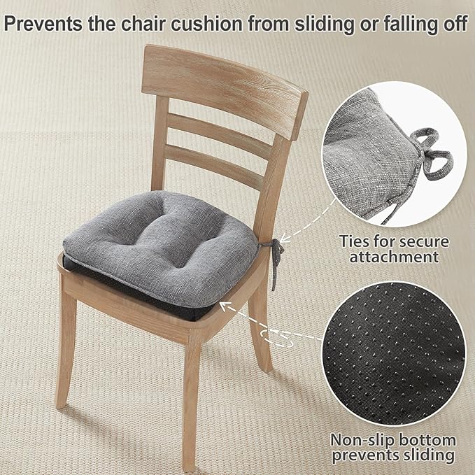 Quilmfoam 16.5"x15.5" Kitchen Chair Cushions Set of 4 for Dining Chair, Soft Tufted Non-Slip Memory Foam Seat Cushion with Ties for Indoor Kitchen Dining Furniture, Dark Grey
