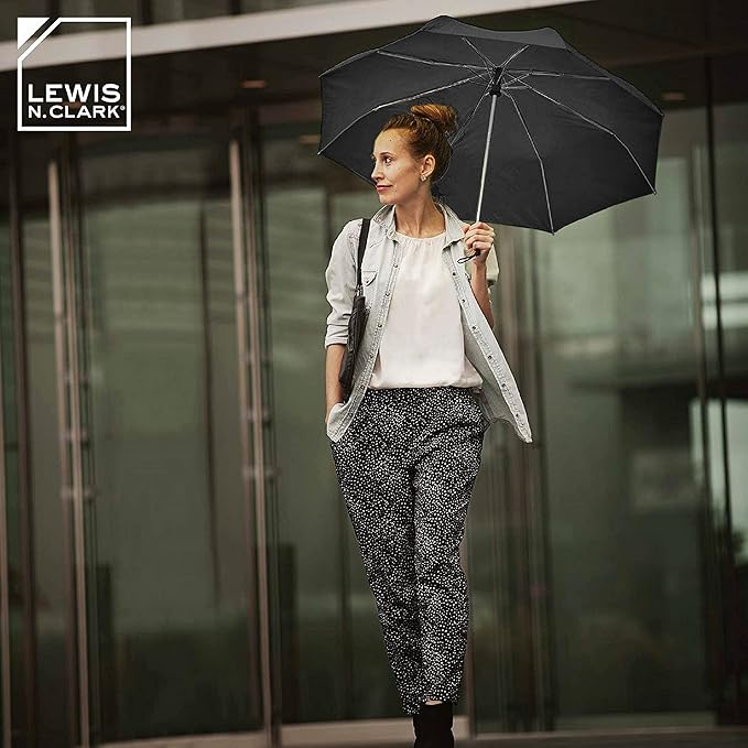 Lewis N. Clark Travel Umbrella: Windproof & Water Repellent Fabric Automatic Open Close , Black