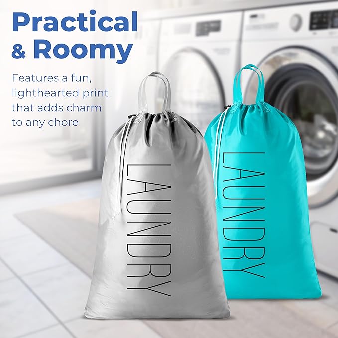Handy Laundry Extra Large Travel Laundry Bags 2-Pack – 24 x 36 Inches Heavy Duty Water-Resistant Dirty Clothes Bags for Travel, Camping, Dorm, Family – Sturdy Drawstring Closure, Teal-Grey Print