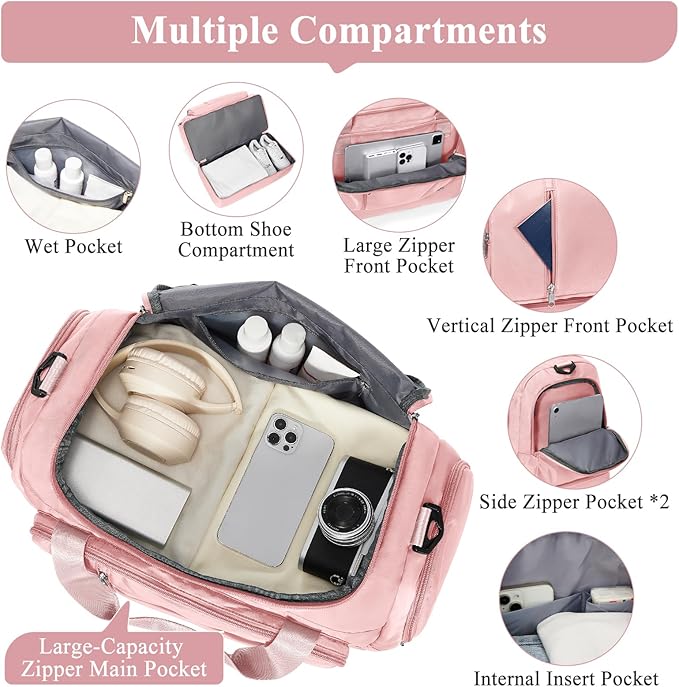 Travel Duffle Bag, Weekender Bags for Women,Overnight Weekend Carry On Personal Item Travel Bag with Shoes Compartment & Toiletry Bag,Pink