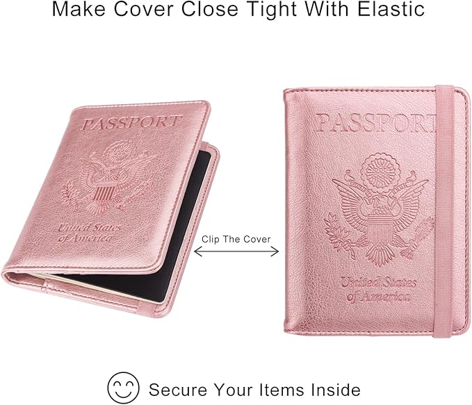 WALNEW Passport Holder for Travel, RFID Passport Cover Wallet for Women Men, PU Leather Passport Book Card Holder Case with Pen (Elastic Band Closure, AA-Brown+Rosegold)