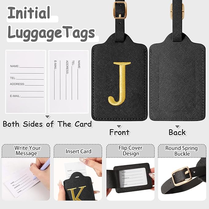 Personalized Initial Luggage Tags for Suitcases, Cute PU Leather Embroidered Letter Travel Luggage Tags, Suitcase Identifier Name Baggage Tag, Bag Tags for Men Women Kids Luggage Handbags(Black J)