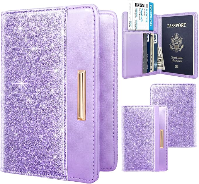 Passport Holder Cover,Traveling Passport Case Glitter Cute Passport Wallet for Women Purple