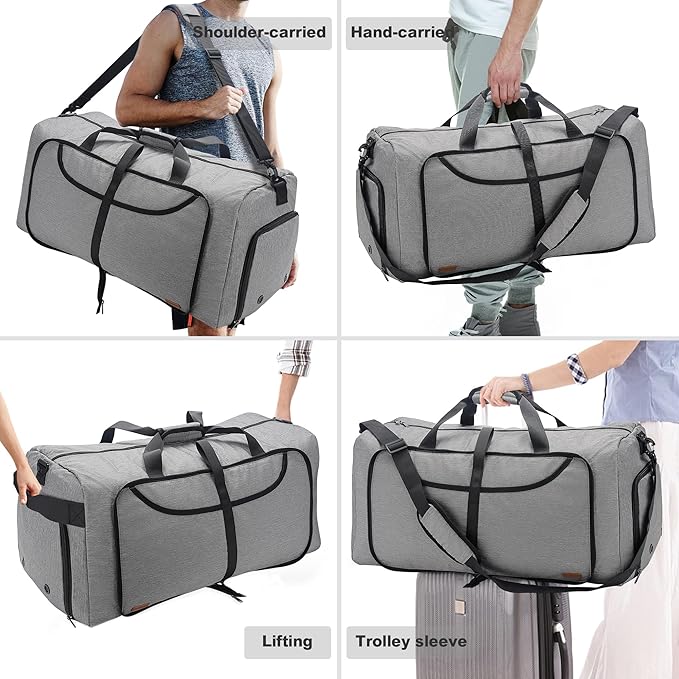 120L Duffle Bag for Travel, Large Foldable Waterproof Travel Duffel Bags Weekender Overnight Bag for Men and Women with Shoe Compartment (Gray)
