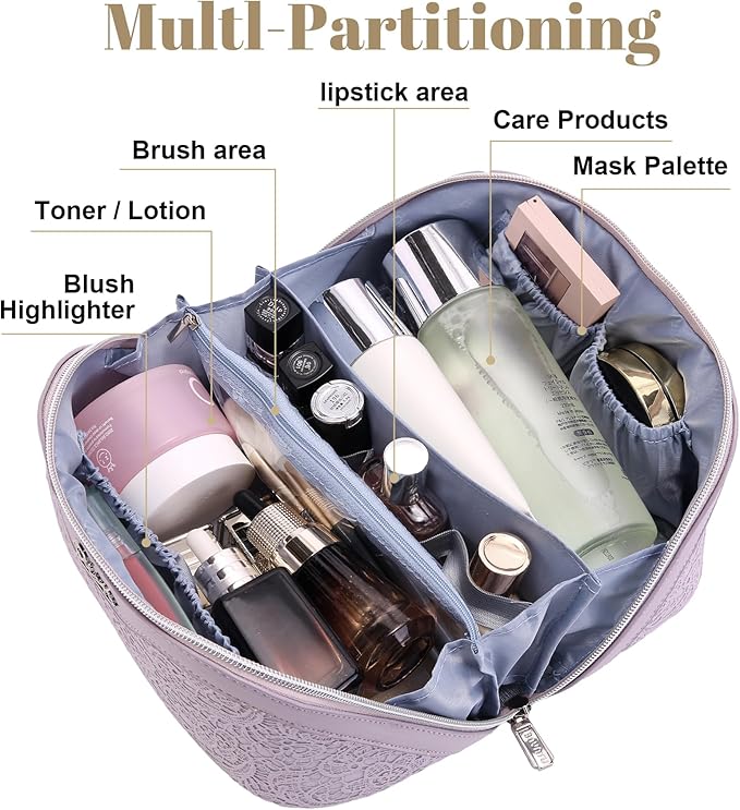 BOYATU Travel Makeup Bags Cosmetic Organizer Bag: 3-Set Large Capacity Make up Bag - PU Leather Toiletry Bags for Women - Wide Open Portable Pouch with Divider & Handle (A-Violet)