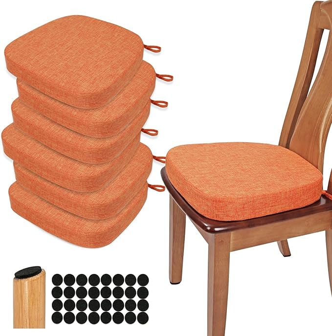 BUYUE Thickened 2.5" Dining Chair Cushions Set of 6, U-Shape High Density Foam Comfortable Chair Pads for Kitchen, Slip Resistant Indoor Seat Cushions (6 PCS, Orange)