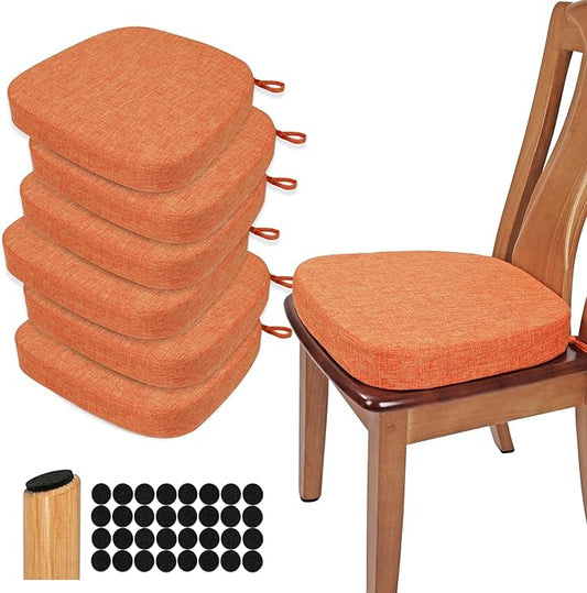 BUYUE Thickened 2.5" Dining Chair Cushions Set of 6, U-Shape High Density Foam Comfortable Chair Pads for Kitchen, Slip Resistant Indoor Seat Cushions (6 PCS, Orange)