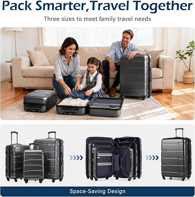 Coolife Luggage Set 3 Piece Hardside PC+ABS Suitcase with TSA Lock, Expandable Large Checked Luggage, Lightweight Rolling Carry On with Spinner Wheels(20/24/28 Inch, Charcoal)