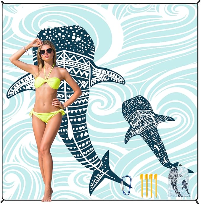 HIHOHO Beach Blanket Waterproof Sandproof Beach Mat 79”x 83” for 1-8 Adults Quick Drying Durable Outdoor Picnic Mat for Beach Festival Travel Camping Hiking (Whale, 79"×83"(4 Person))