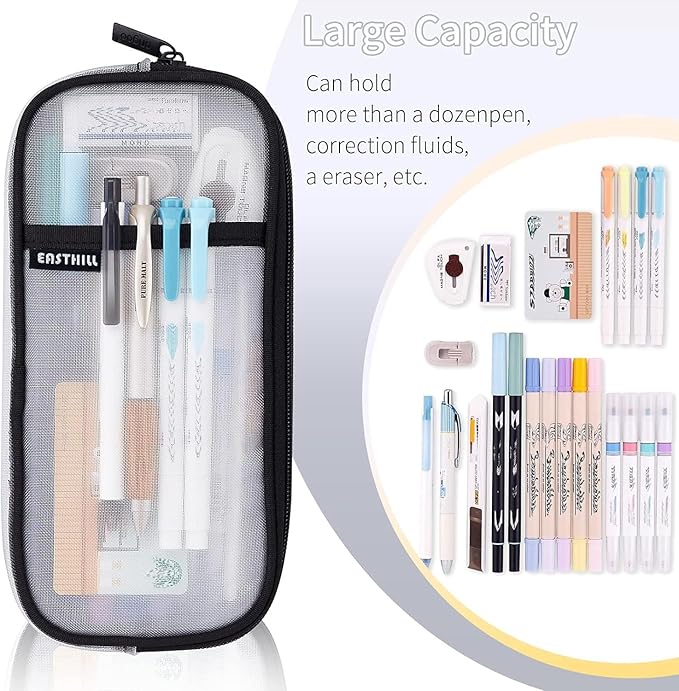EASTHILL Grid Mesh Pen Pencil Case with Zipper Clear Makeup Color Pouch Cosmetics Bag Multi-Purpose Travel School Teen Girls and Boys Transparent Stationary Bag Office Organizer Box for Adluts(White