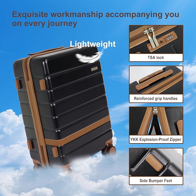 5 Piece Luggage Set for Family Travel, Lightweight Hardshell PC+ABS Suitcases set, Suitcase with 8 Smooth Spinner Wheels, TSA Lock, YKK Zippers(20' 24' 28' Black)