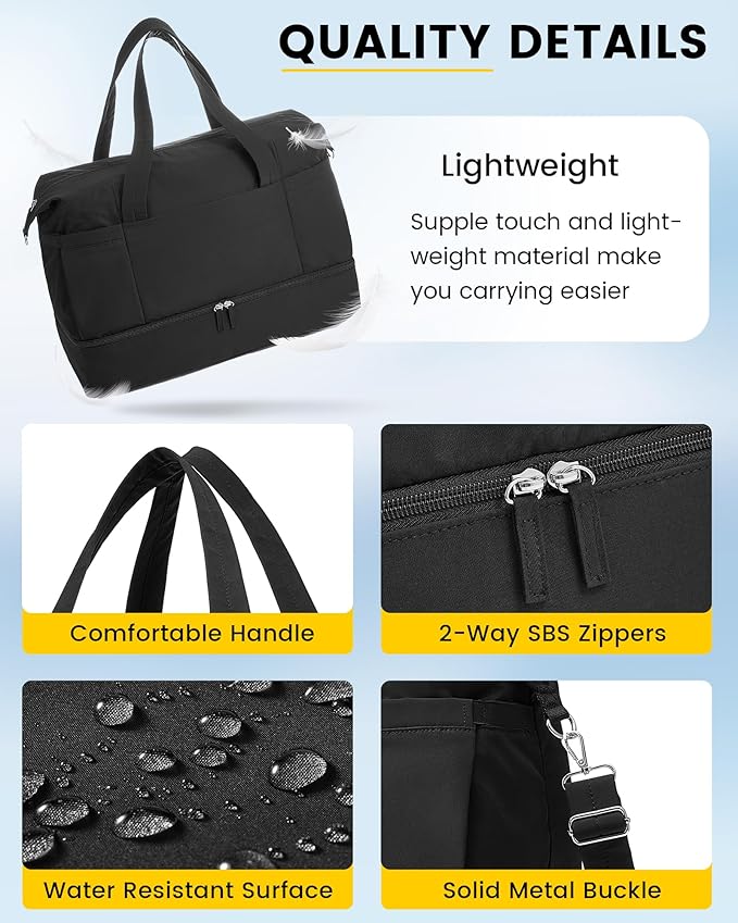 Vorspack Duffle Bag for Travel - 40L Gym Bag for Women Men Personal Item Travel Bag with Shoe Pocket Toiletry Bag Lightweight Carry On Bag for Weekender Overnight Sports - Black
