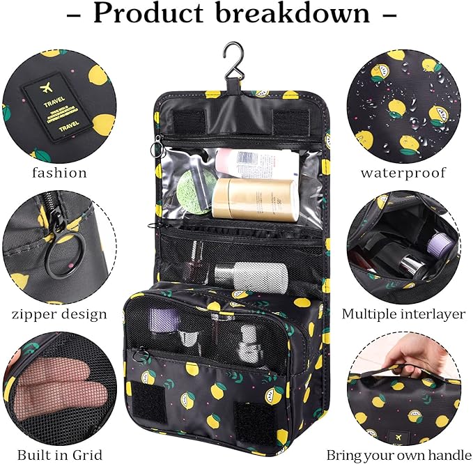 Pengxiaomei Hanging Toiletry Bag, Black Waterproof Cosmetic Bag Portable Lemon Makeup Pouch Travel Wash Bag with Handle for Kids Teen Girls Birthday Mothers Day Gifts