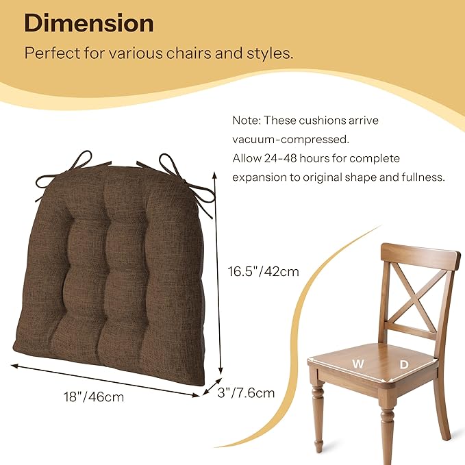 Chair Cushions for Dining Chairs Set of 4 Durable D-Shaped Seat Cushions with Non-Slip Backing Secure Ties Thick Cozy Seat Pad for Kitchen Dining Room Office(18x16.5x3in Coffee)