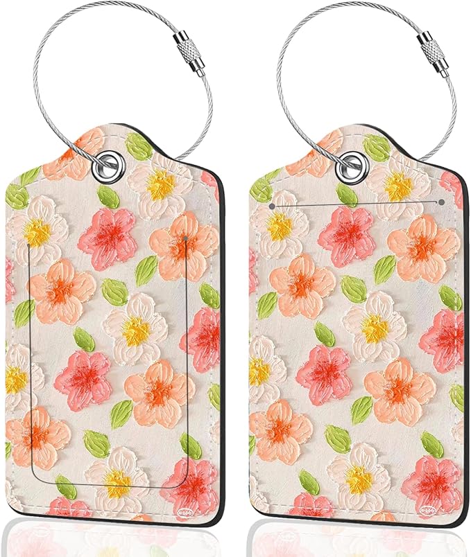 2Pack Luggage Tags for Suitcases, Cute Unique Pu Leather Cruise Luggage Tag with Privacy Cover ID Label Address Card and Metal Ring Suitable for Women Men Kids Travel Bag Pink Flower 1