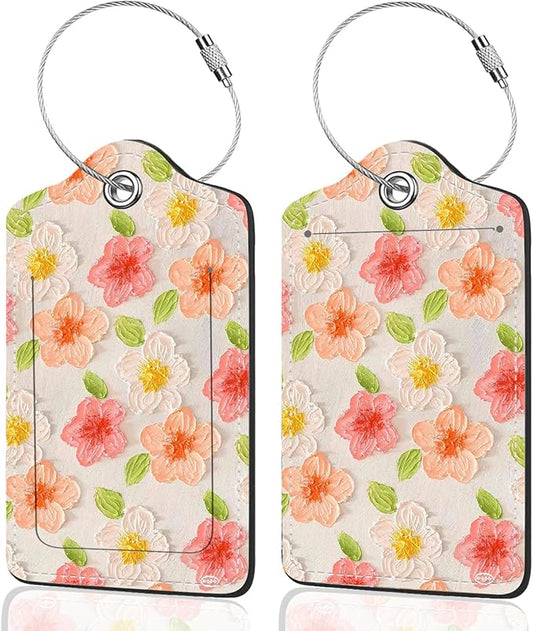2Pack Luggage Tags for Suitcases, Cute Unique Pu Leather Cruise Luggage Tag with Privacy Cover ID Label Address Card and Metal Ring Suitable for Women Men Kids Travel Bag Pink Flower 1
