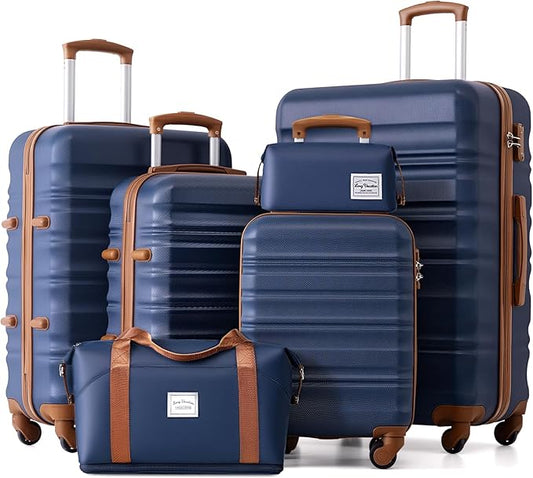 LONG VACATION Luggage Set 6 Piece Luggage ABS hardshell TSA Lock Spinner Wheels Luggage Carry on Suitcase (NAVY, 6 piece set)