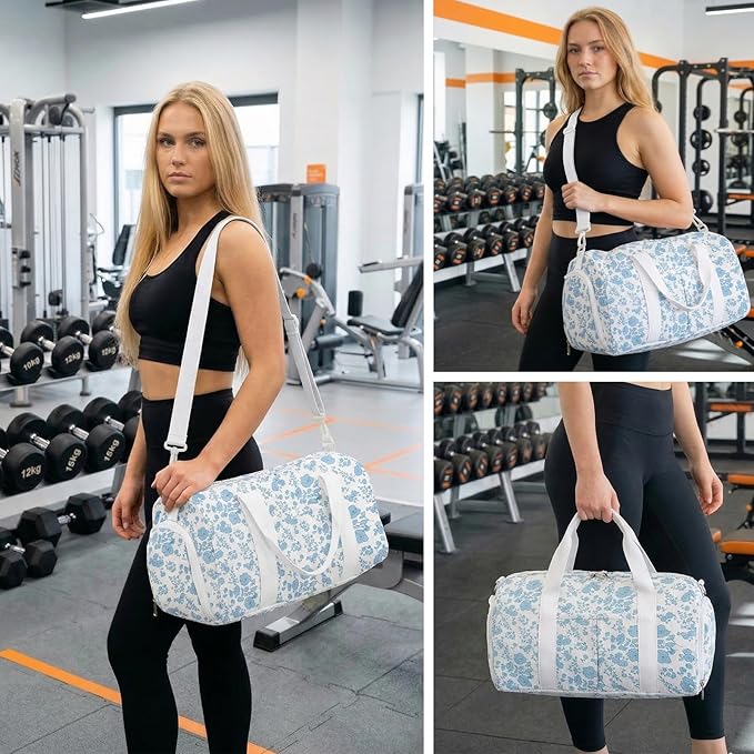 2PCS Cute Gym Bag for Girls, Corduroy Duffle Bag with Wet Pocket & Shoe Compartment and item bag, Duffle Bag for Travel, Sports, Fitness & Workout