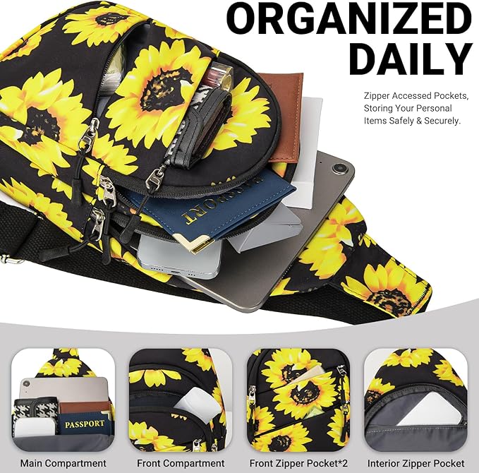 Tuwubi Crossbody Bags for Women, Sling Bag for Men, Small Hiking Backpack Anti Theft Lightweight for Outdoors Travel （M, Sun Flower）