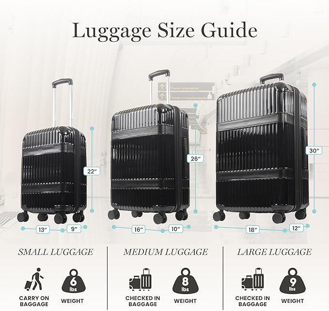 Martha Stewart The Bedford 3 Piece Rolling Luggage Set, Hardshell Suitcases with Spinner Wheels, 22/26/30 Inch, Black