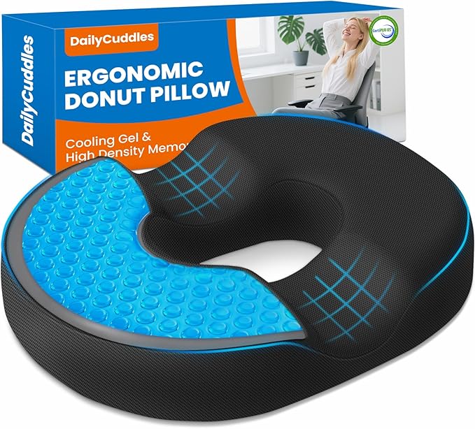 Donut Pillow for Tailbone Pain, Hemorrhoids - Cooling Gel Memory Foam Chair Seat Cushion for Office, Home & Wheelchair, Ergonomic Chair Pad for Pregnancy, Sciatica, Coccyx (Large, Black)