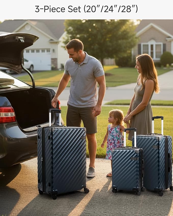 LUGGEX 3 Piece Set Luggage with Spinner Wheels, KVC Polycarbonate Expandable Hard Shell Suitcase (EX-Core, Navy, 3 Piece Sets)