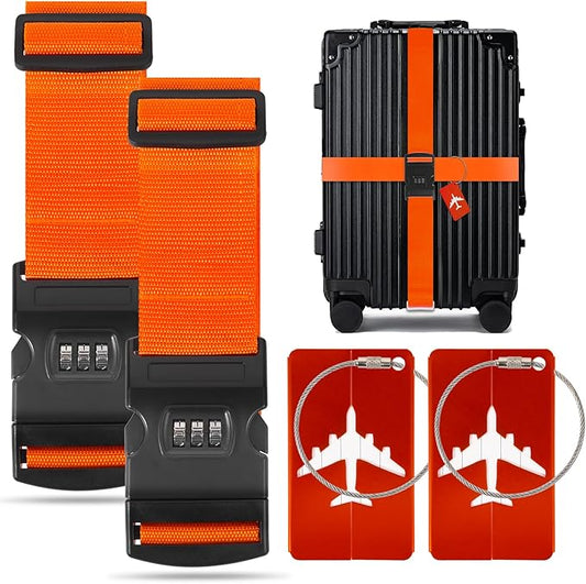 BILIONE 2 Pack Luggage Straps for Suitcases with Password Lock & Metal Airplane Tags, Adjustable Suitcase Belt & Travel Belt, Luggage Connector Straps to Connect Two Bags 20-34 Inch (Orange)