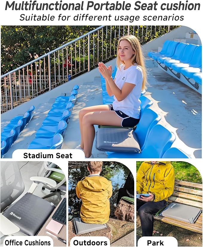 Rocalt Inflatable Seat Cushion, Self-Inflating Memory Foam Airplane Seats Cushion, Portable Air-Foam Stadium Cushion, Lightweight & Compact Bleacher Seat Cushion for Sports Events
