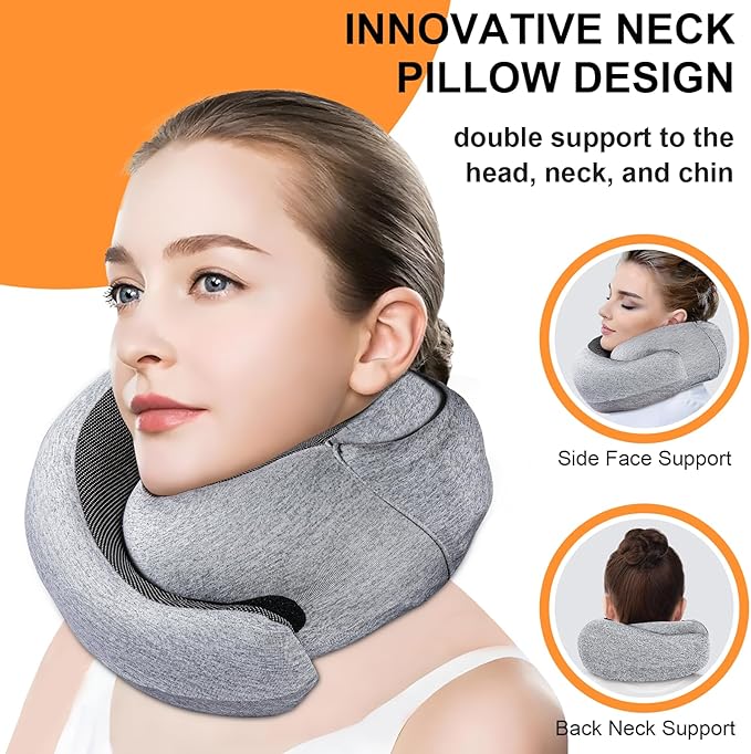 Travel Pillow - Hooded Neck Pillow Airplane Memory Foam Filling for Plane, Cars Sleeping, Road Trip, Long Flights, Portable Plane Accessories, Includes Eye Mask & Earplugs (Light Gray)