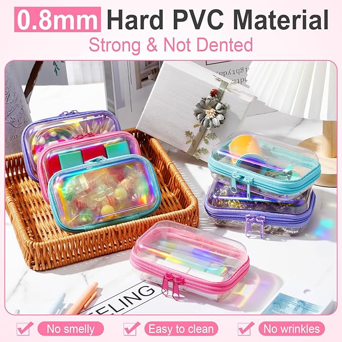 Sanwuta 6 Pcs Clear Hard Zipper Case Plastic Zipper Pouches Transparent Makeup Bag Pencil Case Pouches Toiletry Diaper Bag for Travel Toy Storage Organizer Bins(Holographic,5 x 3 x 2 Inch)