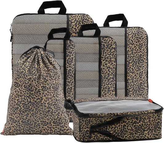 U+U 6 Set Compression Packing Cubes - Ultralight Travel Organizers with Laundry Bag, Space-Saving Suitcase Organizer, Expandable Packing Cubes for Travel, Business Trip and Family Vacation (Leopard)