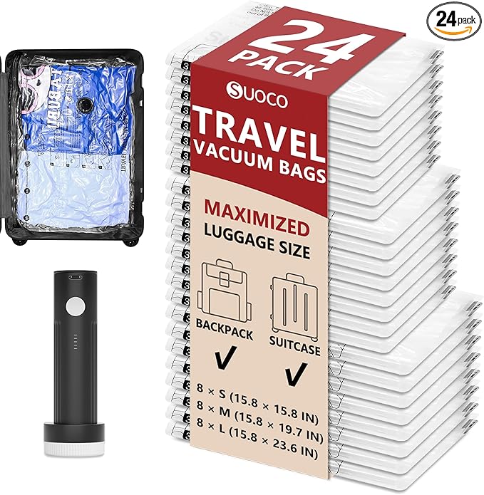 Travel Vacuum Bags for Clothing with Rechargeable Electric Pump, Compression Packing Cubes Organizer Storage for Luggage Suitcase, Space Saver Seal Bags for Vacation Cruise, 24 Combo