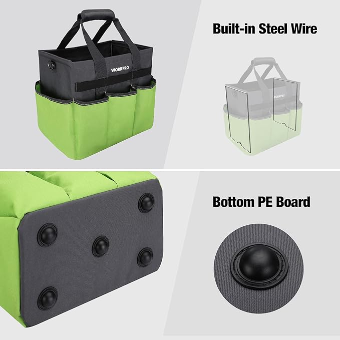 WORKPRO Garden Tool Bag Organizer, Heavy Duty Gardening Tote Bag with 10 Pockets and Long Adjustable Shoulder Strap, Standable Garden Home Tool Kits Organizer, Green (Tools are not Included)