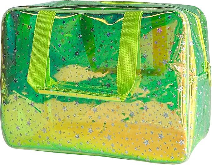 Holographic green Clear Star Large Cosmetic Bag and TPU Travel Pouch with Handle,Durable Material,Zipper Design-Ideal for Makeup,Travel Essentials (Holographic green+stars)