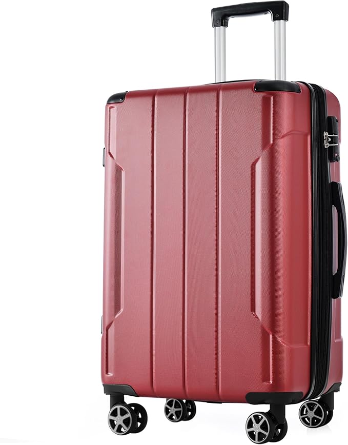 24 Inch Checked-Large Luggage, Lightweight ABS Hard Shell Suitcase with Spinner Wheels, Expandable Travel Luggage with Combination Lock & Side Hooks for Men Women, Red