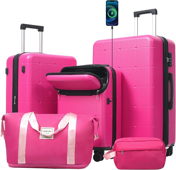 Merax Luggage Sets 5 Piece, Hardside 20" Half-opening Carry On Suitcase Set with USB Port,Lightweight Travel 24" 28" Luggage with Bags TSA Locks Double Spinner Wheels,Pink