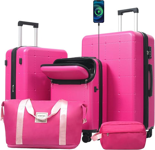 Merax Luggage Sets 5 Piece, Hardside 20" Half-opening Carry On Suitcase Set with USB Port,Lightweight Travel 24" 28" Luggage with Bags TSA Locks Double Spinner Wheels,Pink