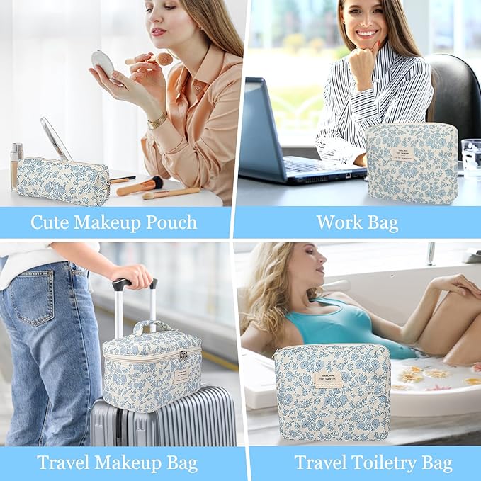Makeup Bag Set, Quilted Makeup Bag, Large Floral Cosmetic Bag for Women, Cute Cotton Makeup Bags, Flower Travel Toiletry Organizer Bag (Pink Floer)