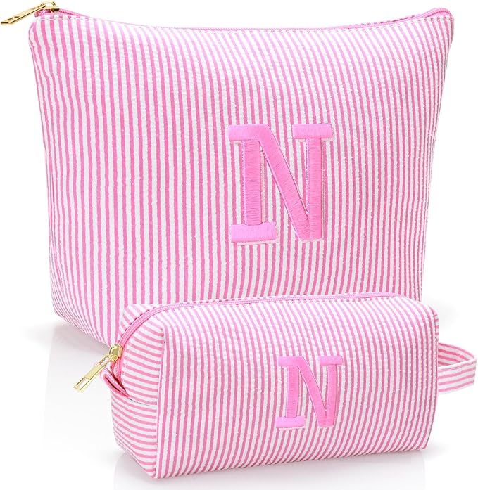 Personalized Initial Makeup Bag,Toiletry Travel Cosmetic Bag,Trendy Stuff for Teen Girls and Women,Holiday & Birthday Gift,2 Pack (N, Pink)