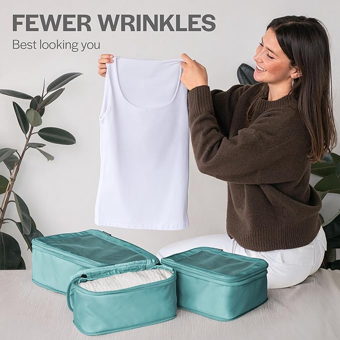Aerotrunk Compression Packing Cubes for Travel - Luggage Organizer Bags - Double Zipper Packing Cubes for Suitcases (12-Pack, Teal)