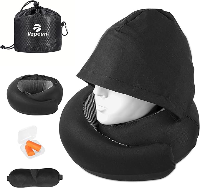 Travel Pillow - Hooded Neck Pillow Airplane Memory Foam Filling for Plane, Office, Cars Sleeping, Road Trip, Long Flights, Portable Plane Accessories, Includes Eye Mask & Earplugs (Black)