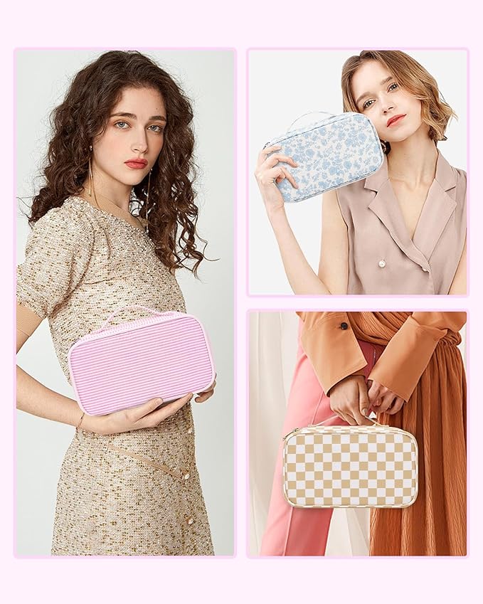 Relavel Cute Makeup Bag for Girls, Portable Pink Cosmetic Bag, Dual-layer Makeup Pouch with Brush Holder, Multi-Functional Preppy Toiletry Organizer for Travel, Daily Use - Pink Strip