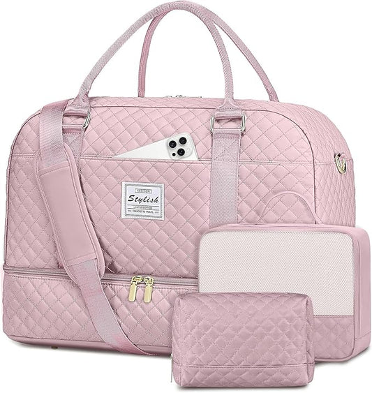 Weekender Travel Duffle Bag for Women: Overnight Bags with Shoe Compartment Carry on duffel Bag for Airplanes with 2 PCS Toiletry Bags Weekend Yoga Gym Hospital Bag with Wet Pocket Pink